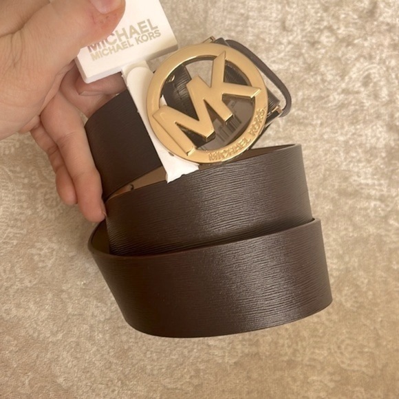 Brand New Michael Kors Genuine Leather Brown Belt w/ Round Gold Tone Buckle - Picture 15 of 15